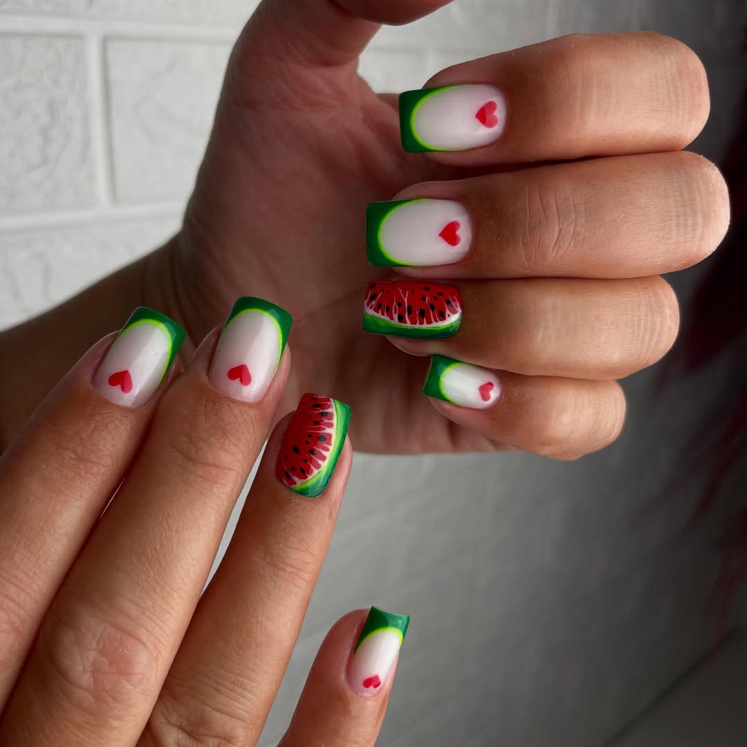Watermelon Slice Green Tip Square Nails