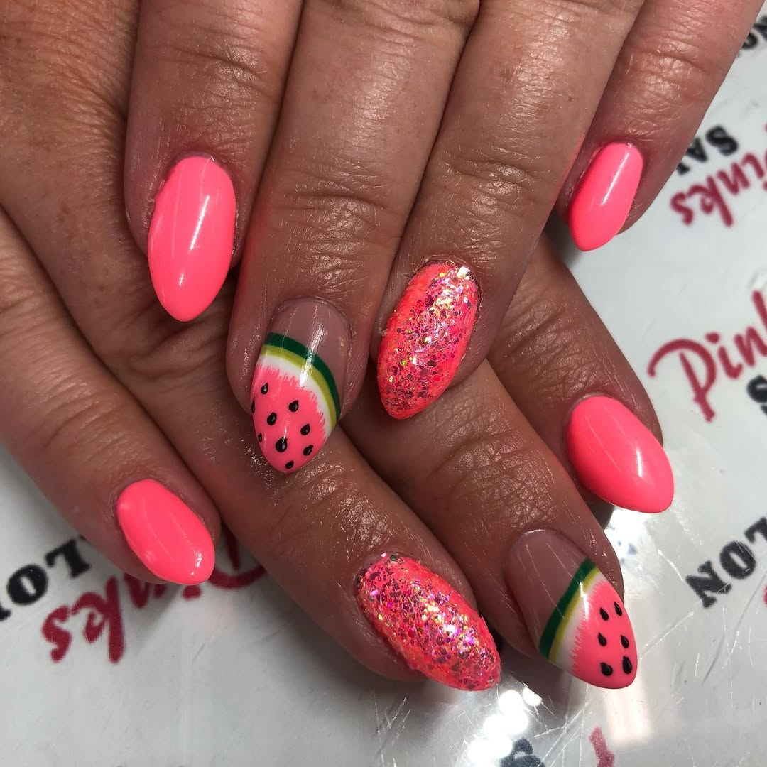 Watermelon Slice Sparkle Summer Nails