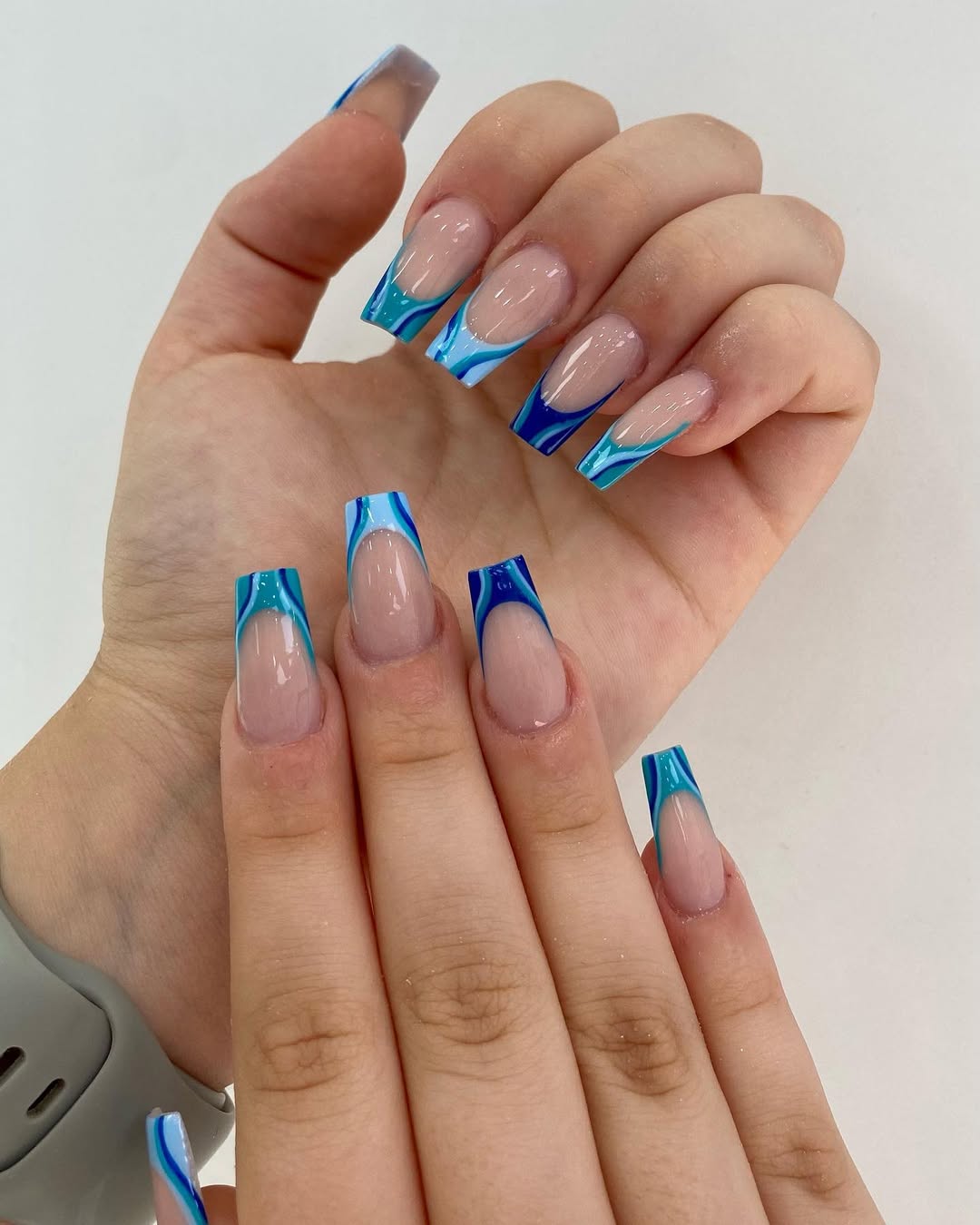 Wavy Blue French Long Coffin Nails