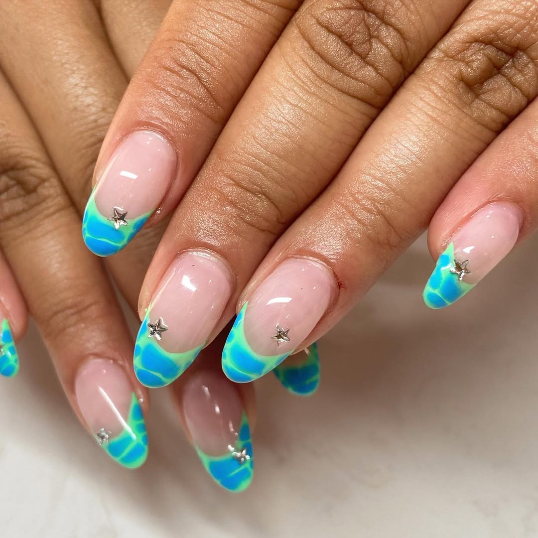 Wavy Neon Blue Green French Tips with Star Charms