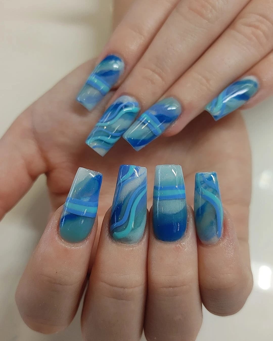 Wavy Ocean Blue Glossy Coffin Abstract Nails