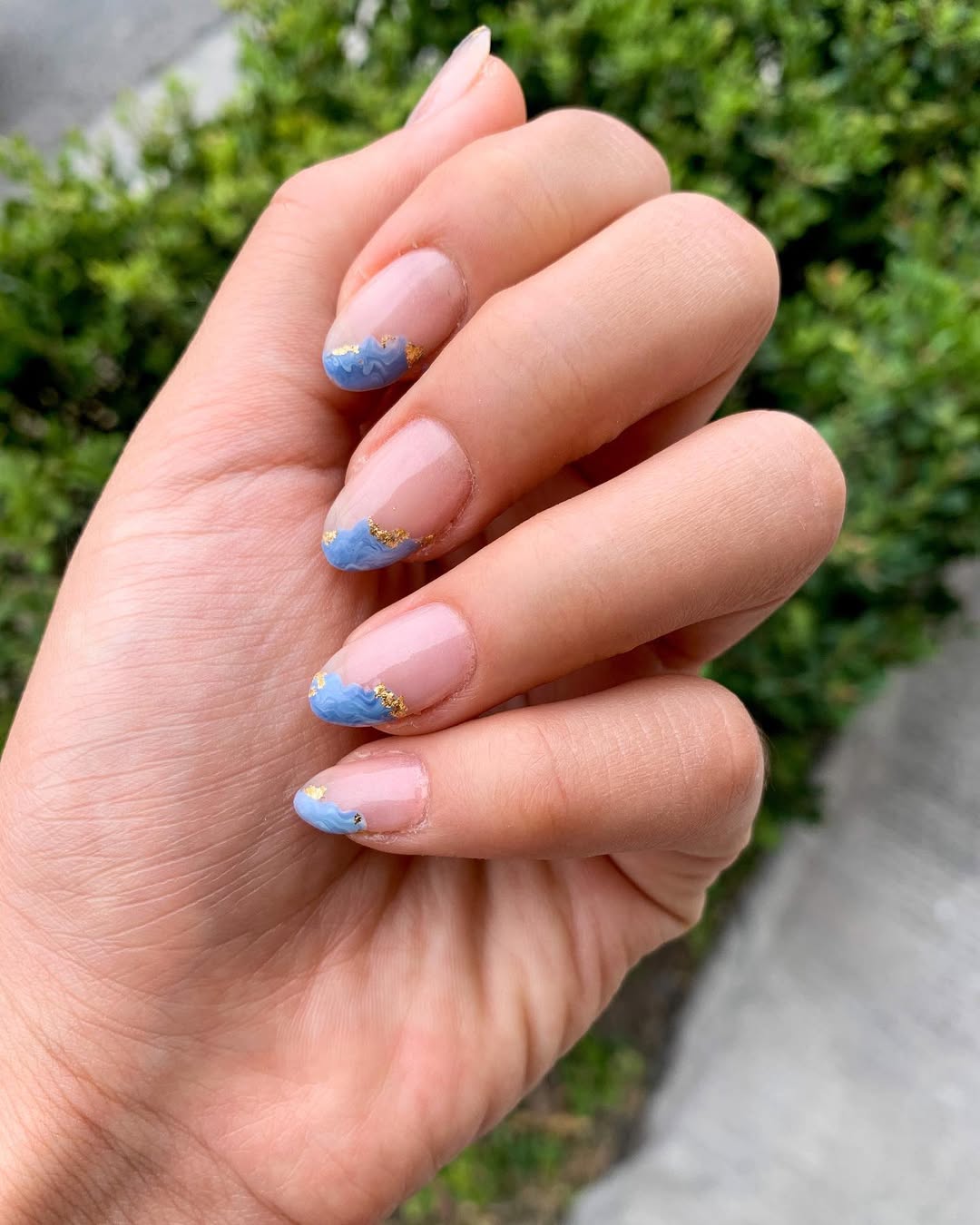 Wavy Sky Blue and Gold Leaf French Tips