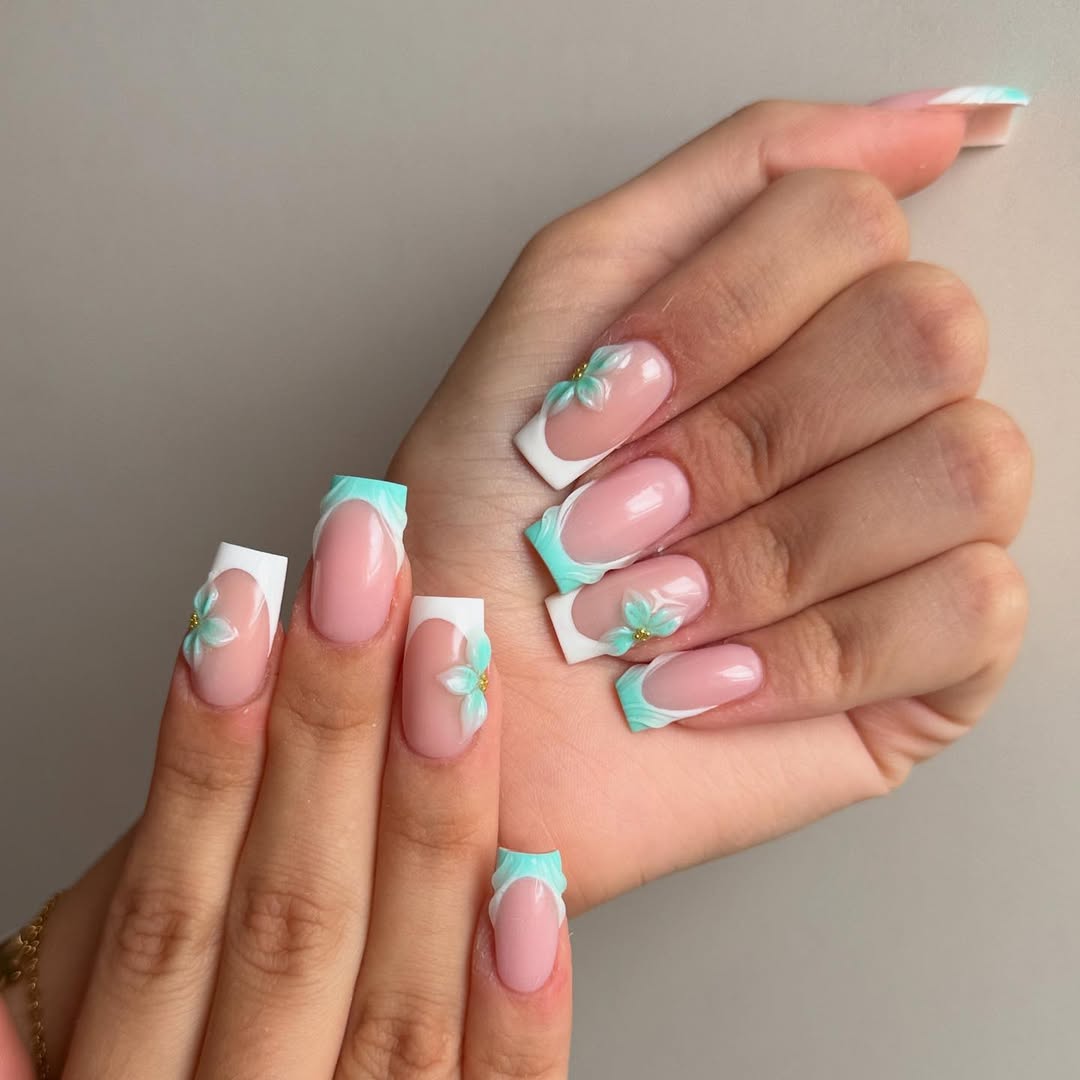 Wavy Teal French Tips with 3D Flower Accents