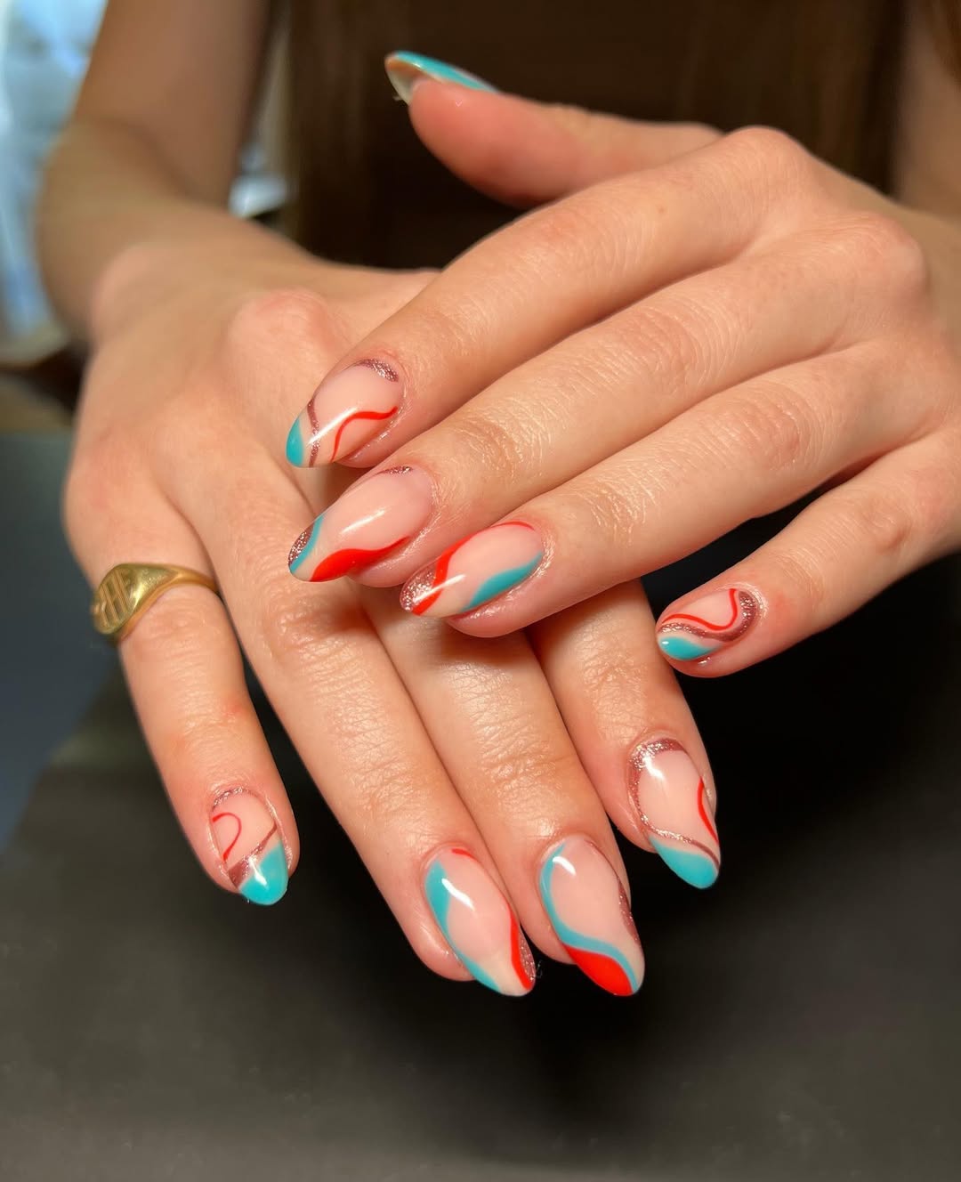 Wavy Teal Red Glitter Line Swirl Nails
