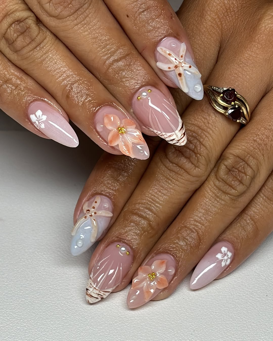 Whimsical Almond 3D Seashell and Starfish Nails