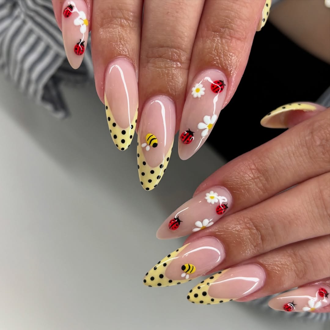 Whimsical Almond French Tips with Bee and Ladybug Art