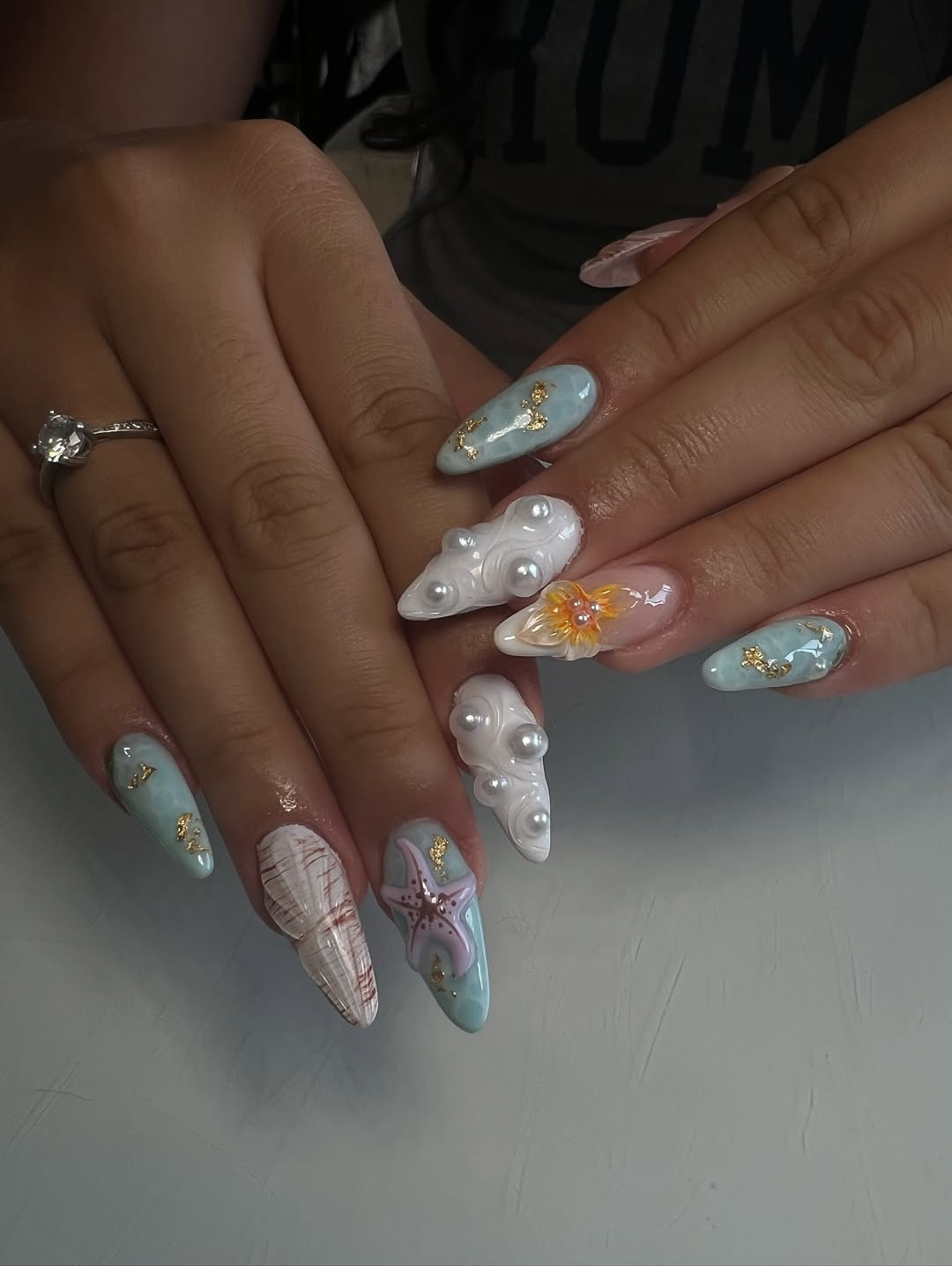 Whimsical Aqua Blue 3D Seashell Pearl Stiletto Nails