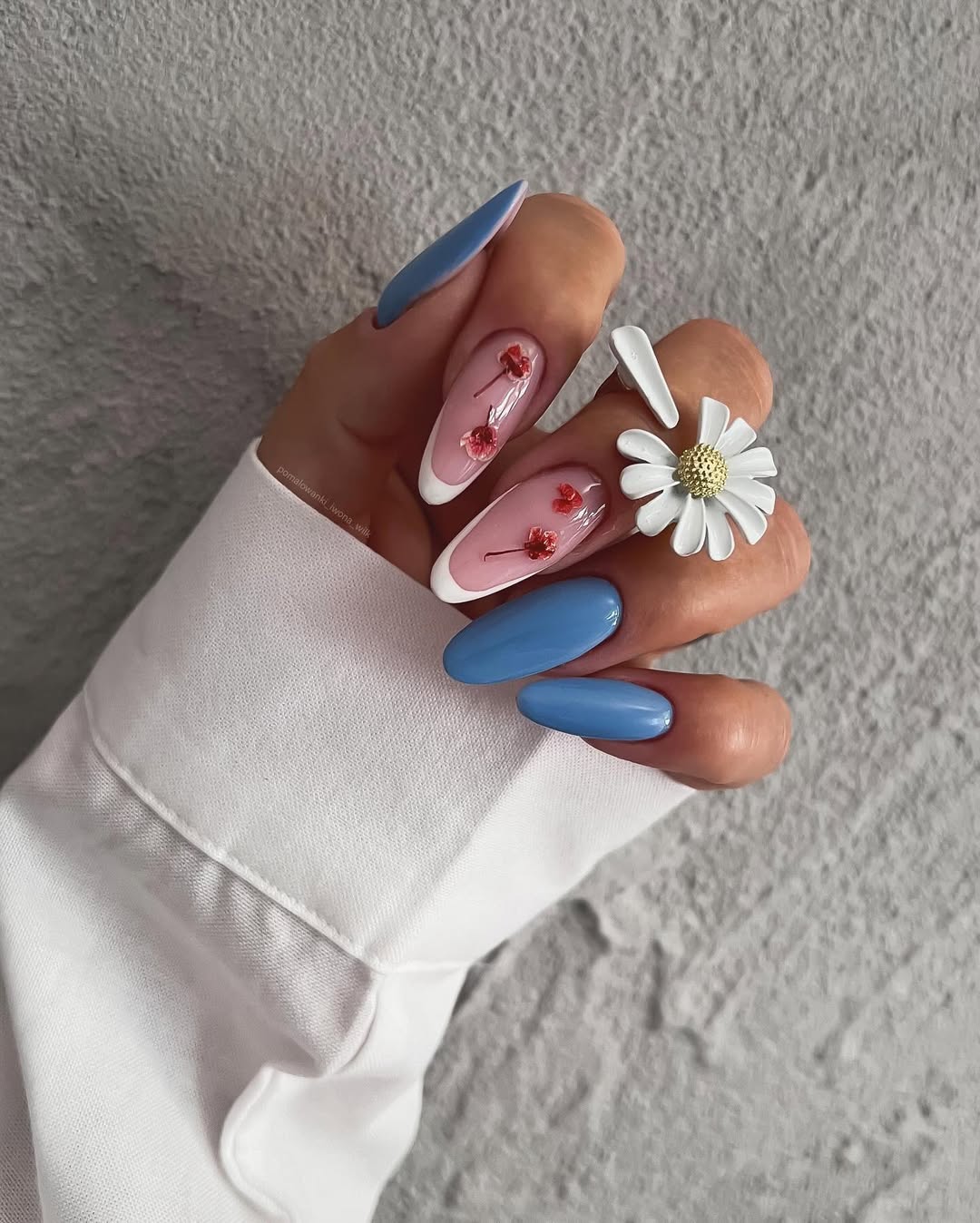 Whimsical Baby Blue French with Encapsulated Flowers