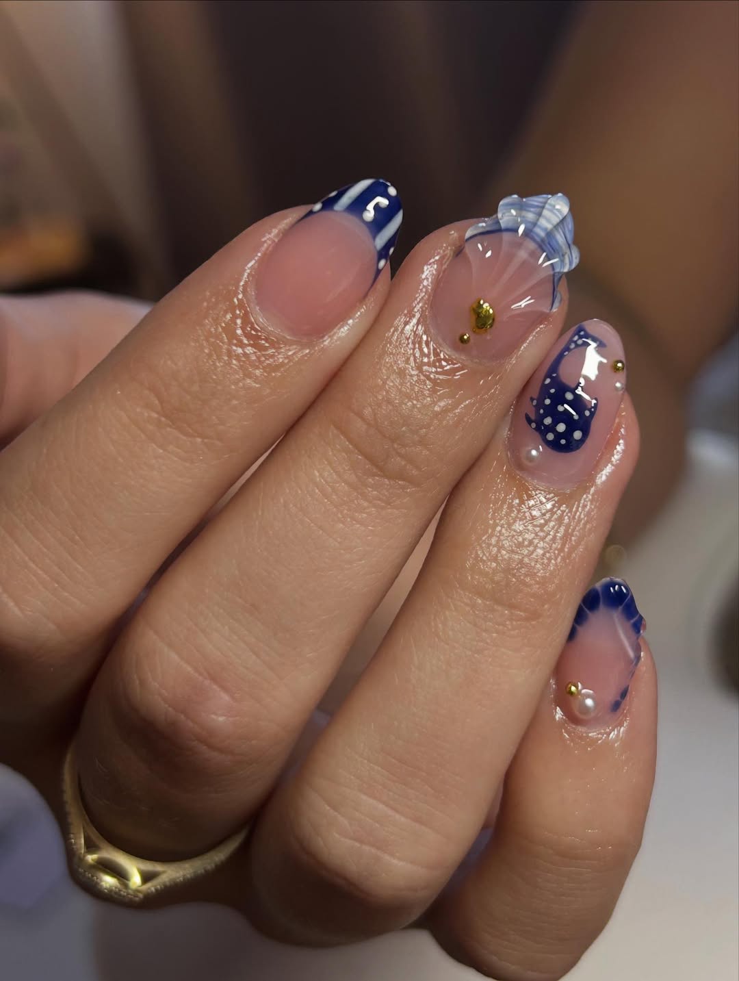 Whimsical Blue and White Wavy French Tip Nails