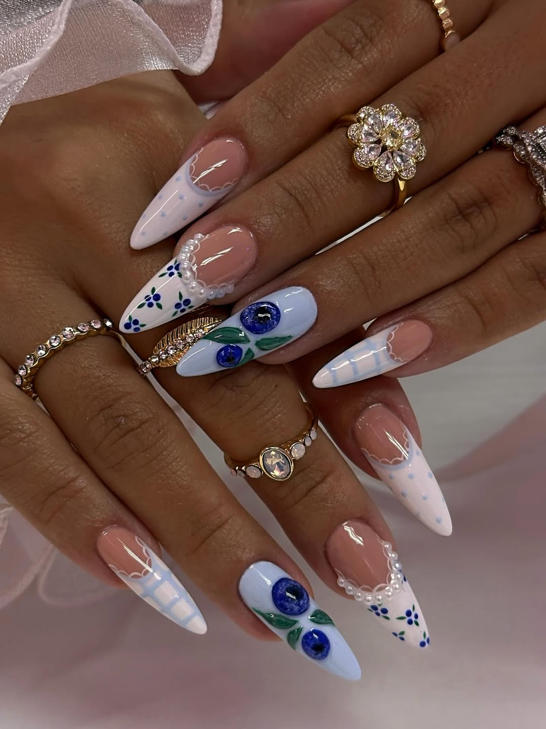 Whimsical Blueberry Cottagecore Stiletto Nails