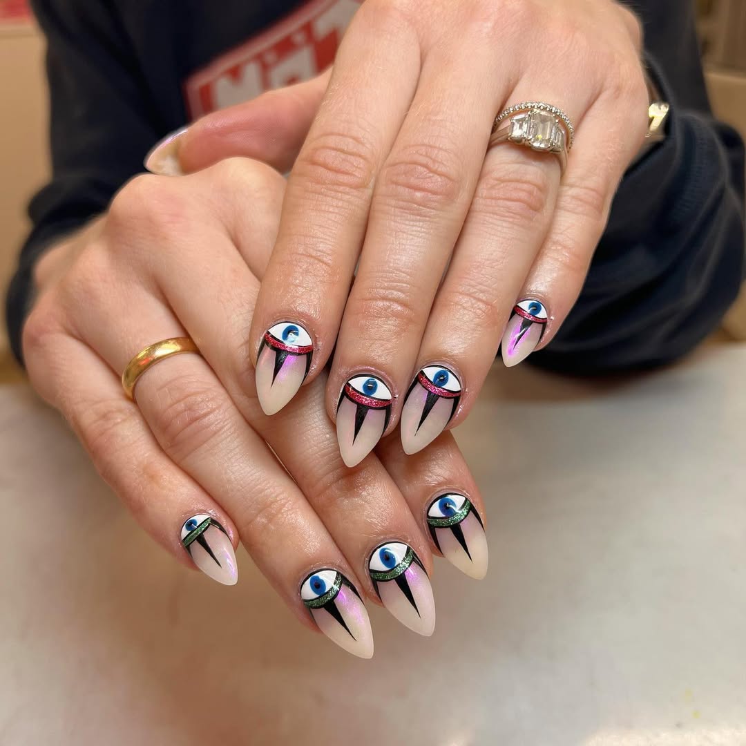 Whimsical Eye Art Stiletto Nails