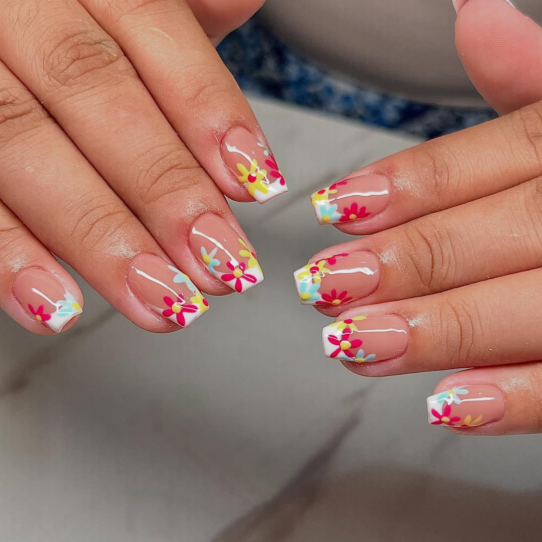 Whimsical Floral French Tip Glossy Squoval Nails