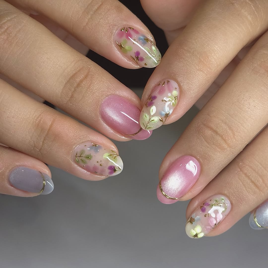 Whimsical Floral Painted Oval Nails with Gold Accents