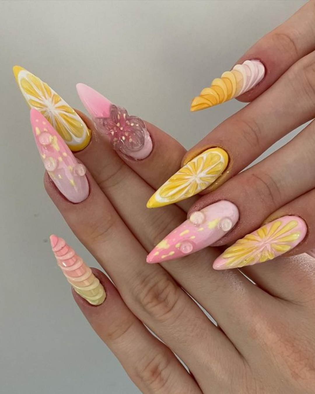 Whimsical Fruit 3D Pink and Yellow Stiletto Nails