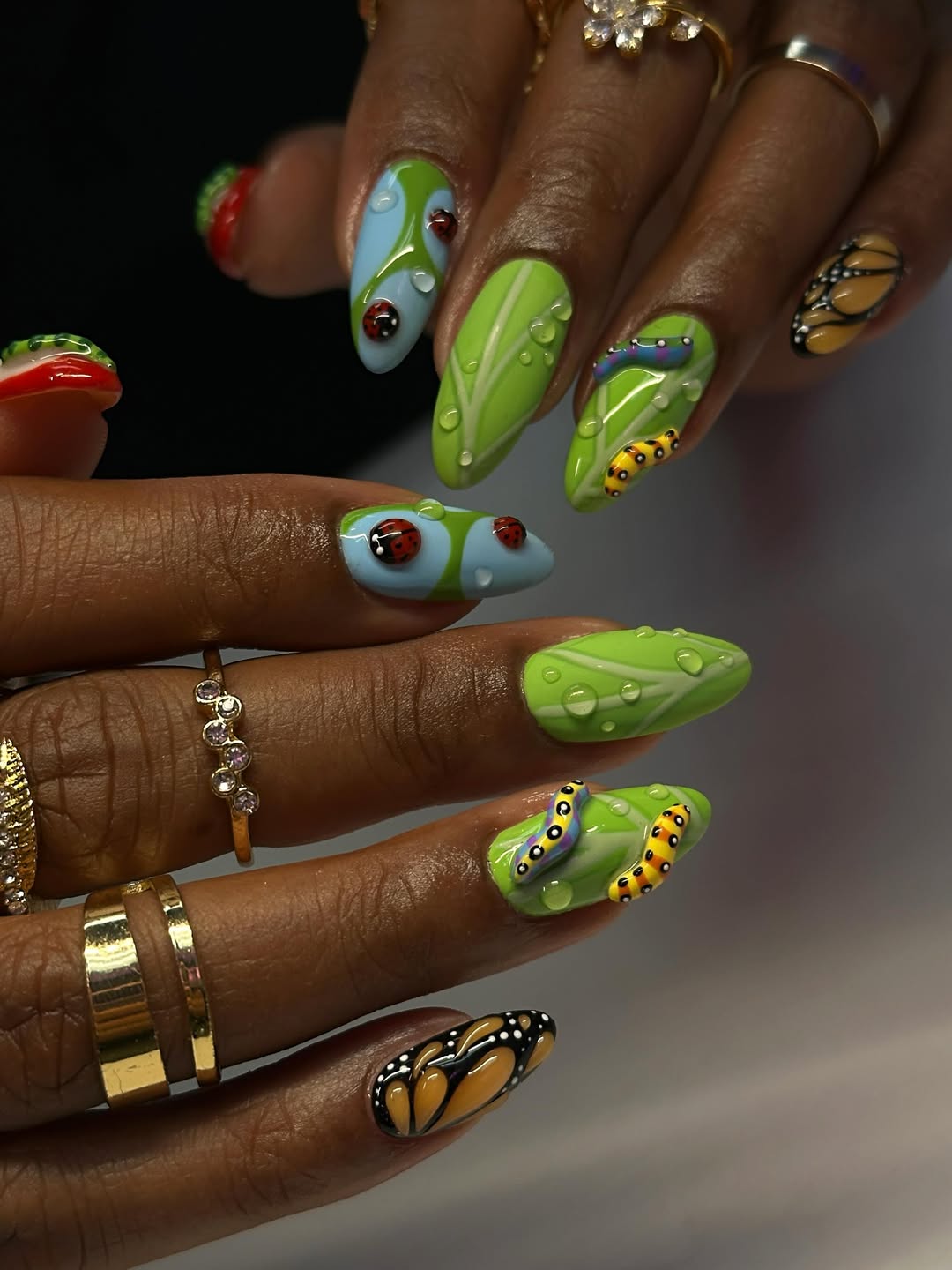 Whimsical Garden Bug 3D Almond Nails