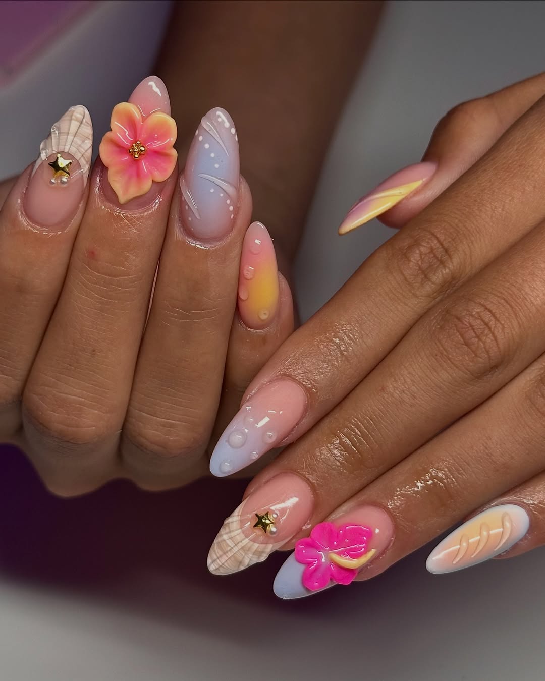 Whimsical Gradient French Tips with 3D Floral Charms