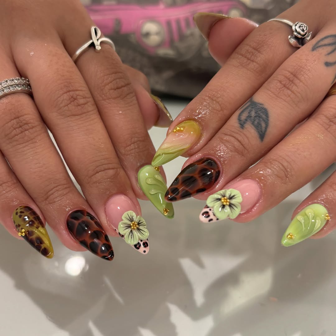 Whimsical Green Animal Print 3D Floral Stiletto Nails