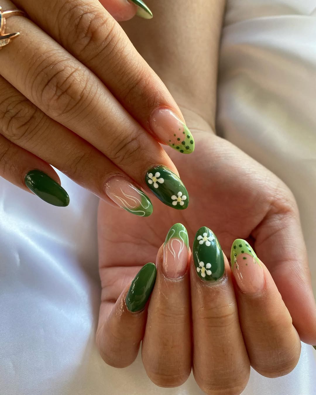 Whimsical Green Swirl and Daisy Floral Almond Nails