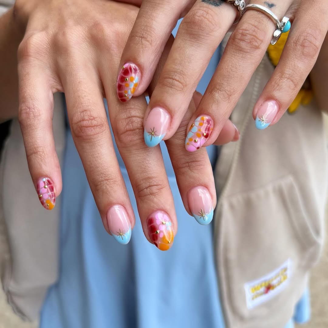 Whimsical Hand-Painted Floral French Tips with Gold Studs