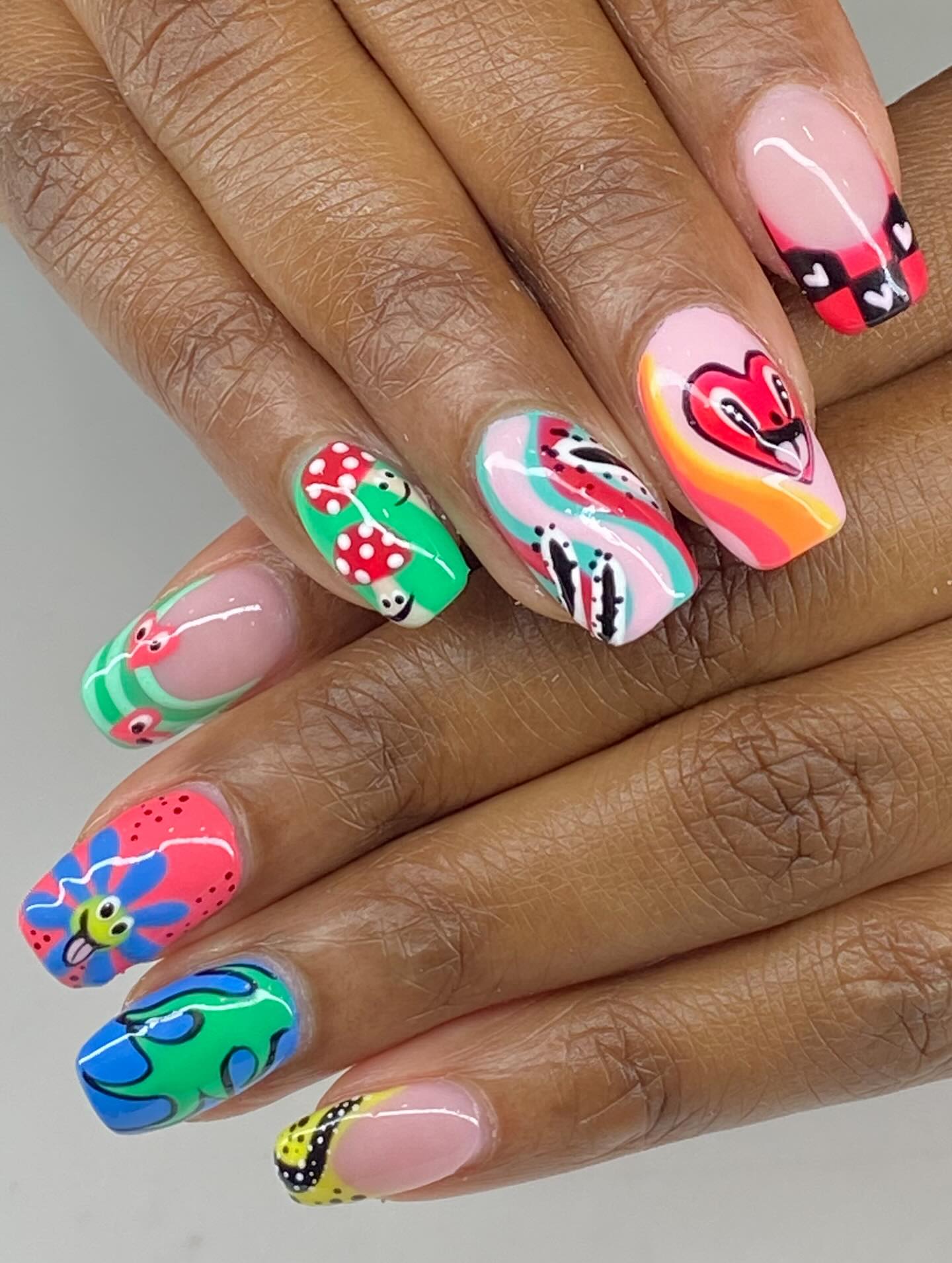 Whimsical Hand-Painted Funky Multicolored Mismatched Summer Nails