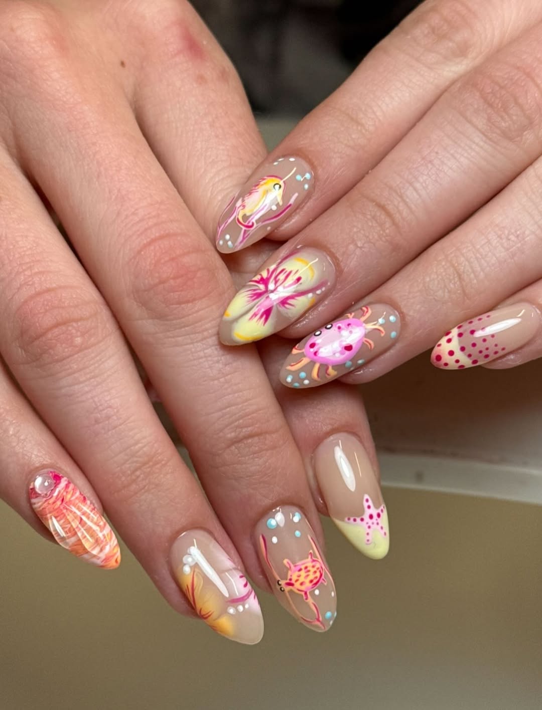 Whimsical Hand-Painted Ocean Creature Almond Nails