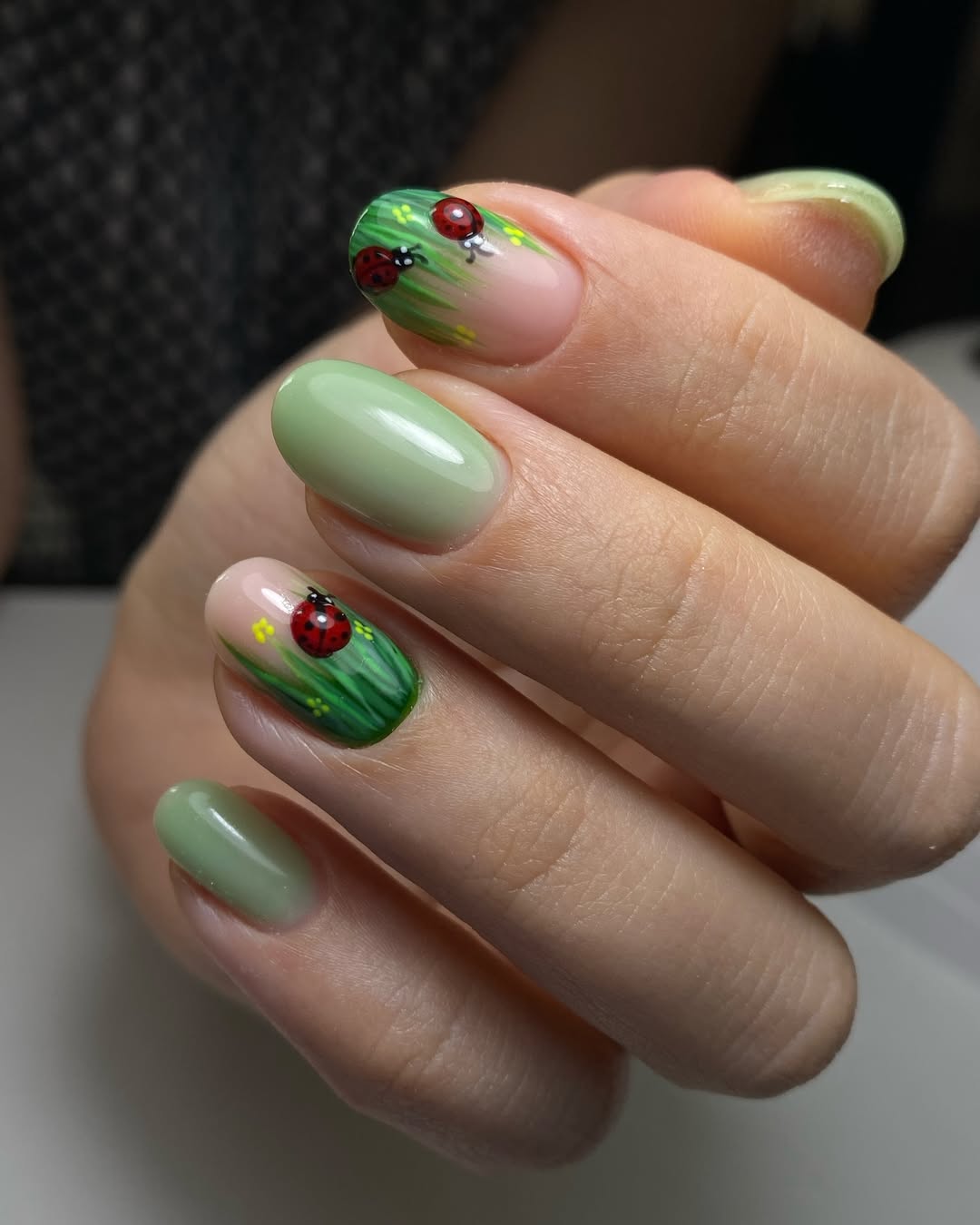 Whimsical Ladybug Field Green Accent Nails