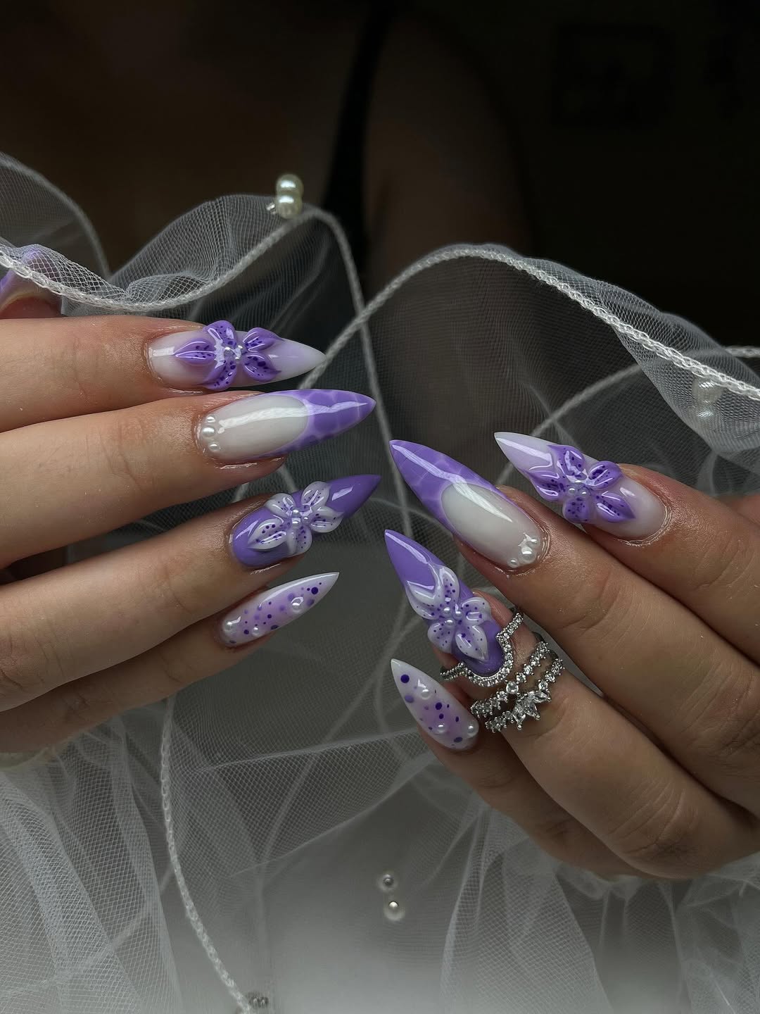 Whimsical Lavender 3D Floral Stiletto Nails