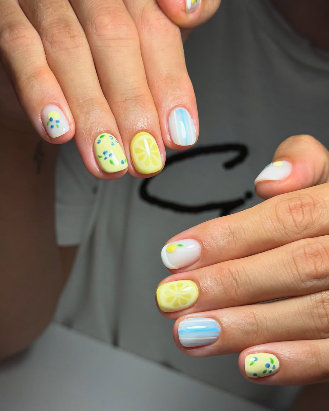 Whimsical Lemon Blueberry Striped Short Round Nails