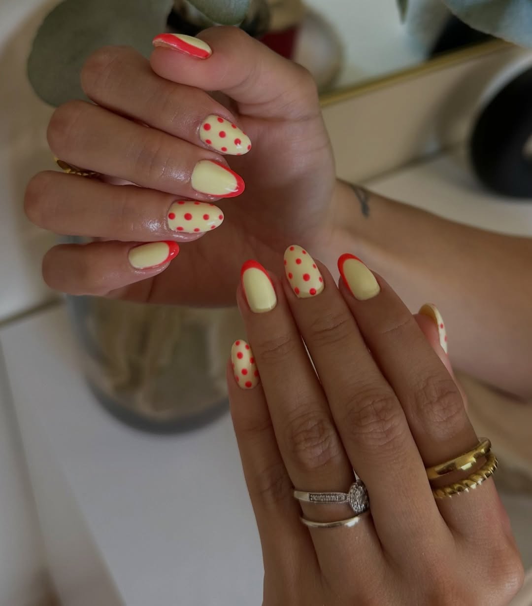 Whimsical Lemon Yellow Polka Dot French Tip Nails