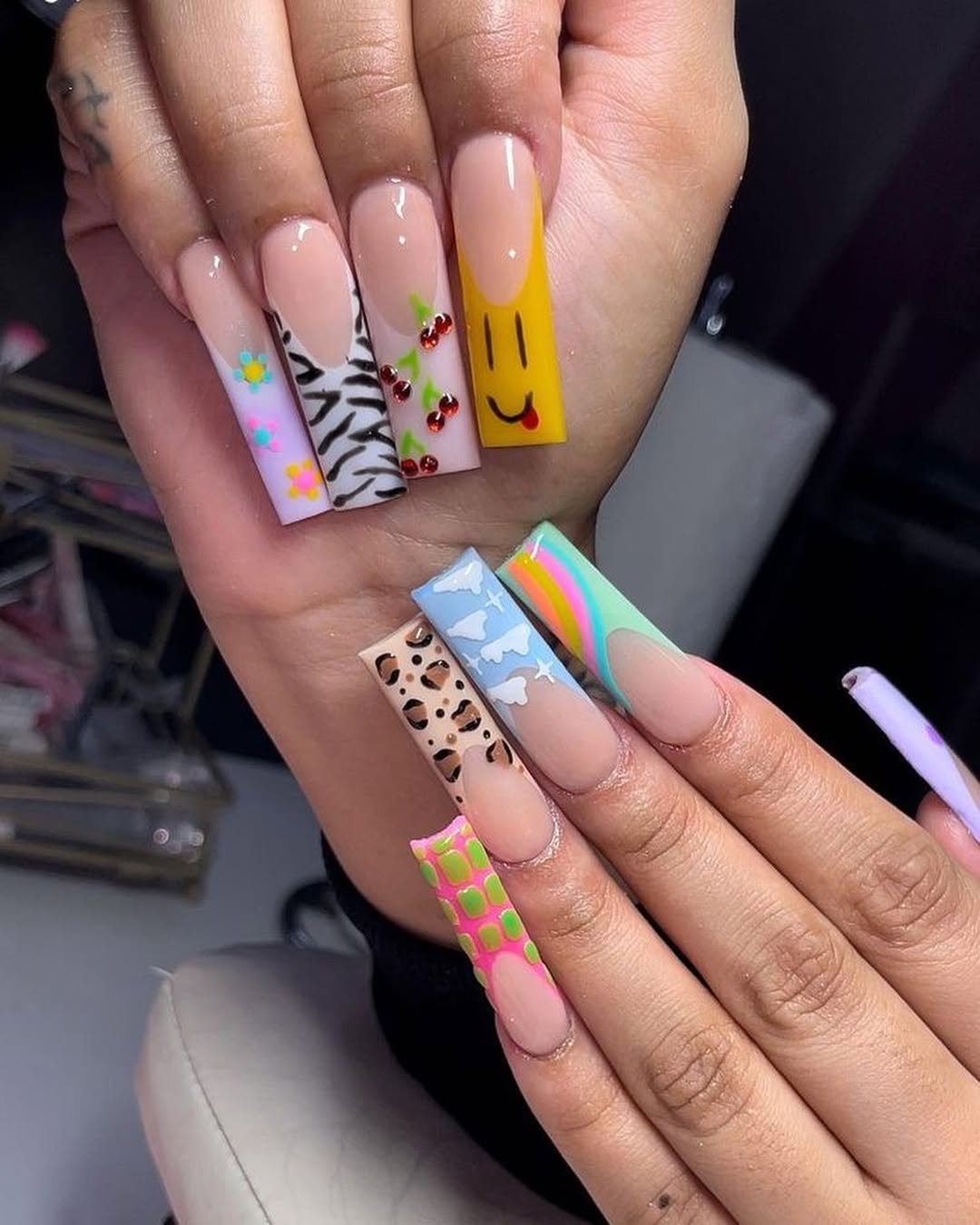 Whimsical Long Square French Tips with Playful Art