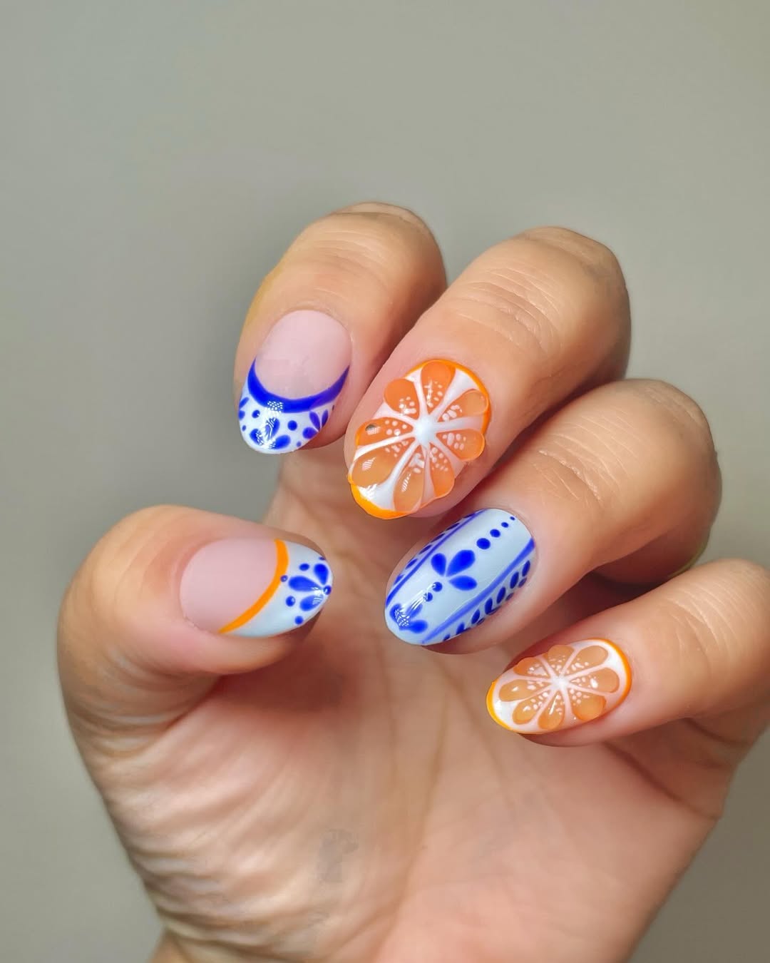 Whimsical Mediterranean Citrus and Floral Art Manicure
