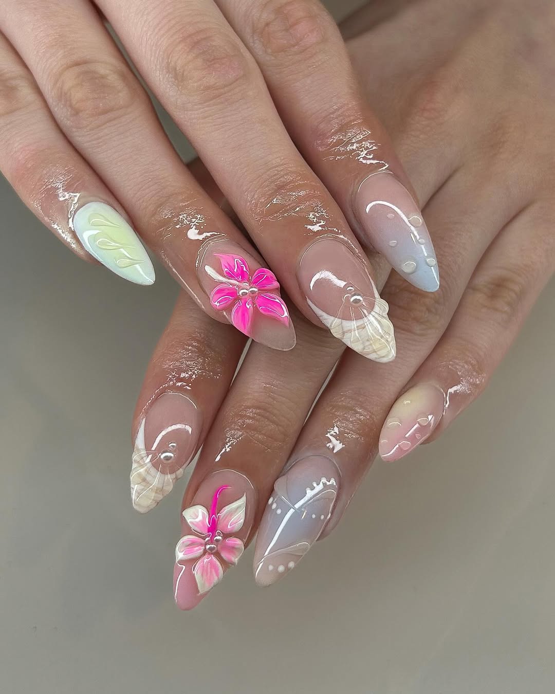 Whimsical Mermaid Core 3D Floral Almond Nails