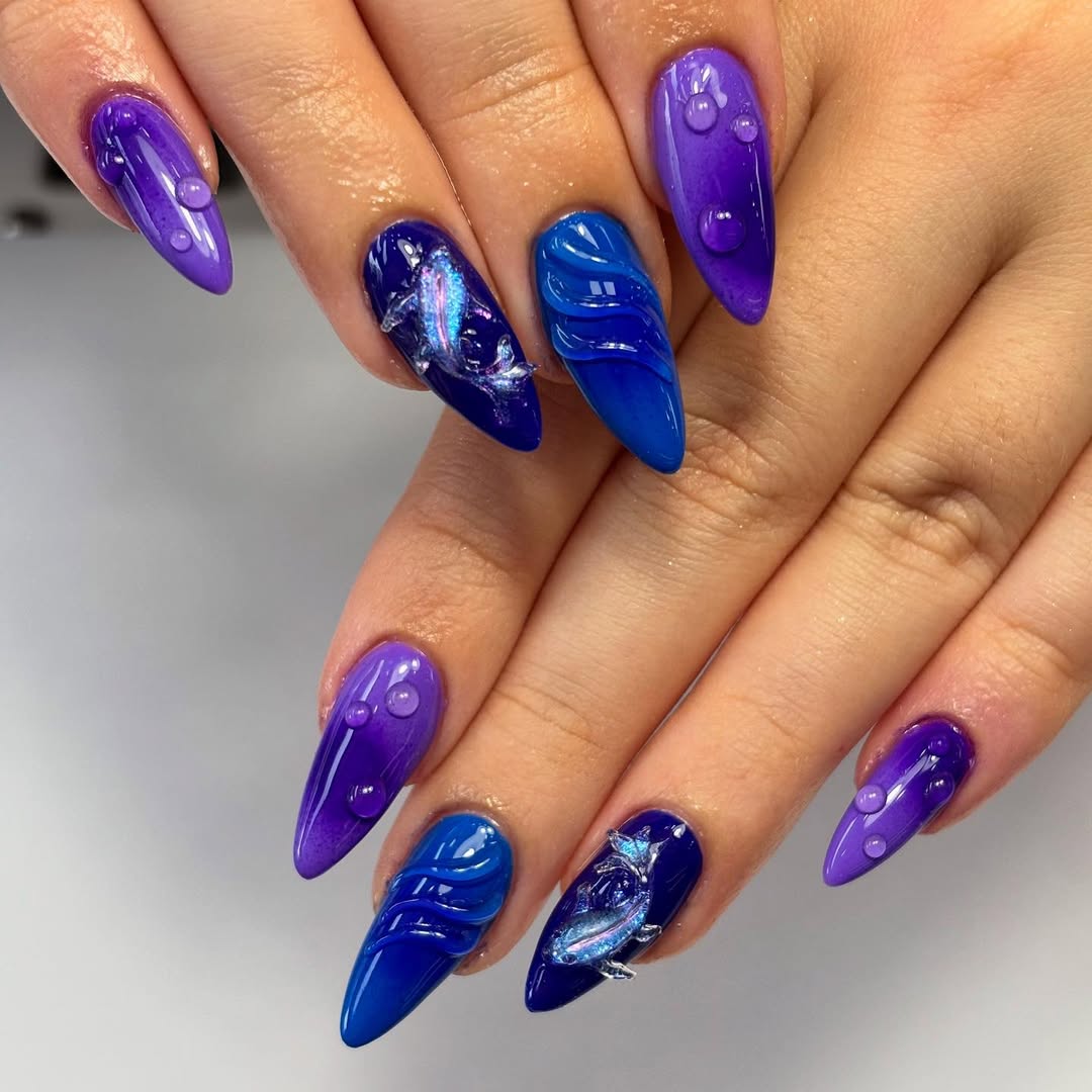 Whimsical Mermaid-Inspired Purple and Blue Long Stiletto Nails