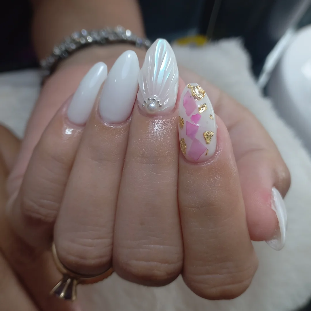 Whimsical Mermaid White Pearl Long Oval Nails