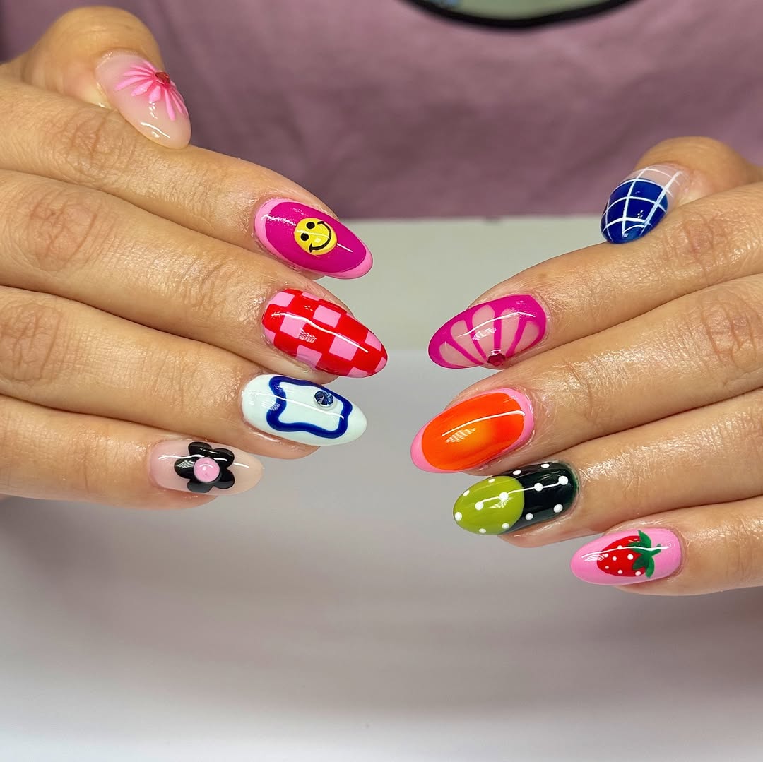 Whimsical Mismatched Bright Summer Nail Art