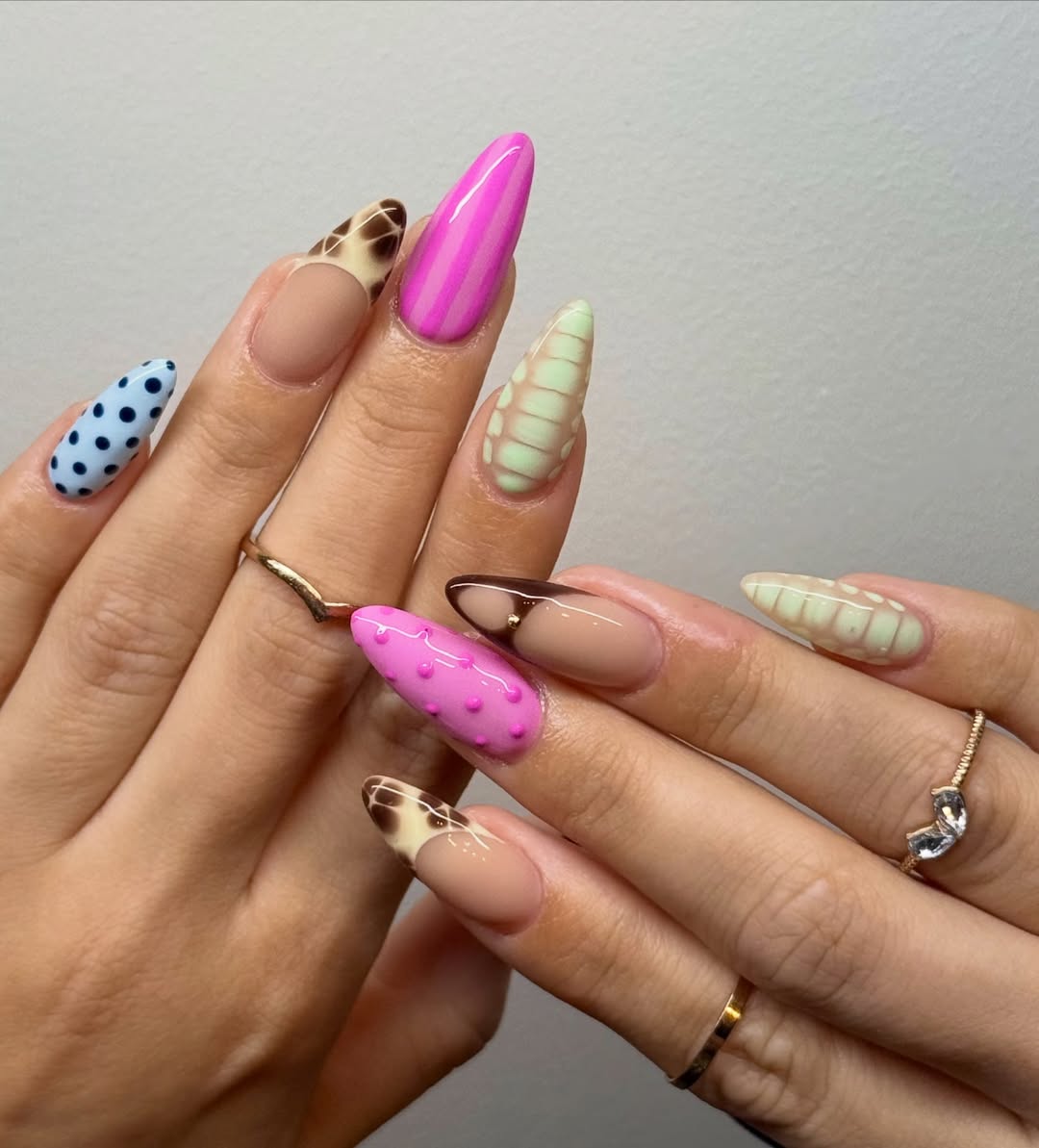 Whimsical Mismatched Nail Art With 3D Texture Accents