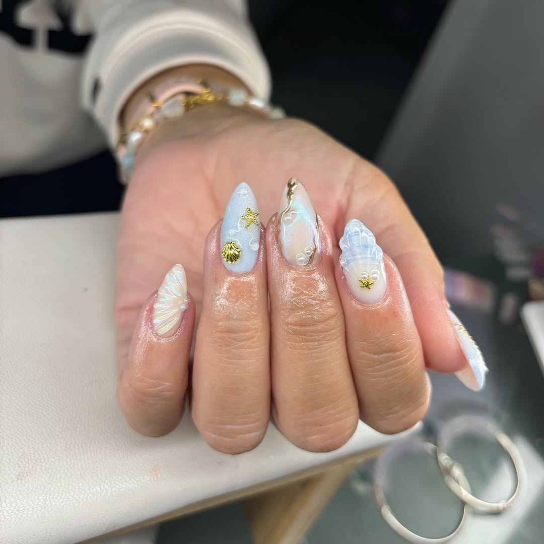Whimsical Ocean Shimmer Almond 3D Nail Art