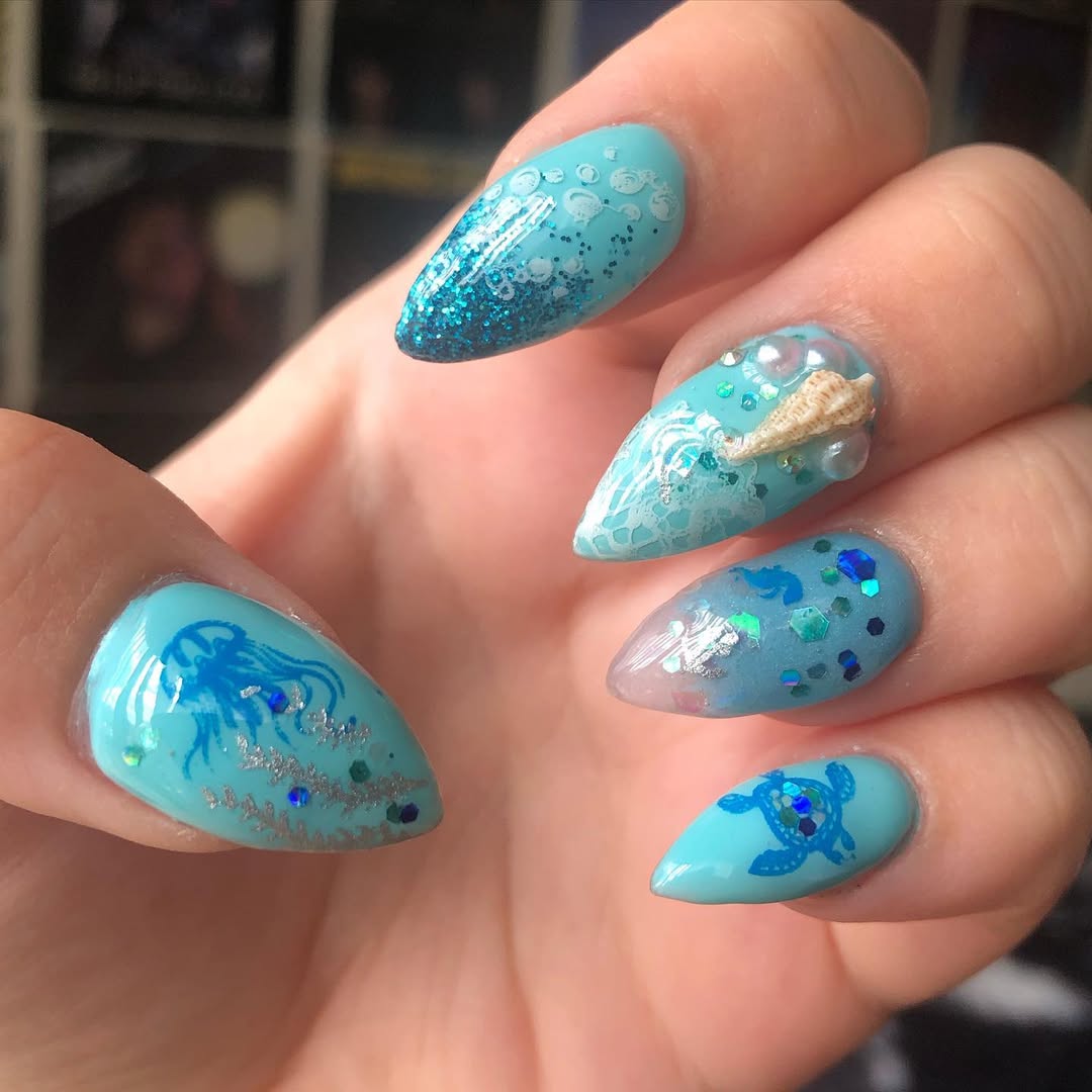 Whimsical Ocean Teal Almond Nails with 3D Charms