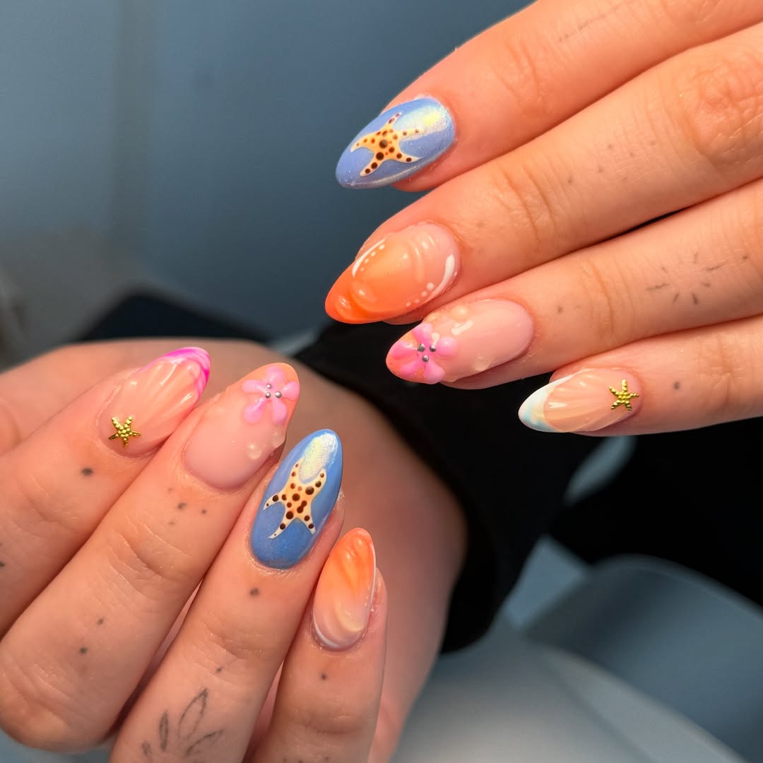 Whimsical Ombre Starfish Almond Nails