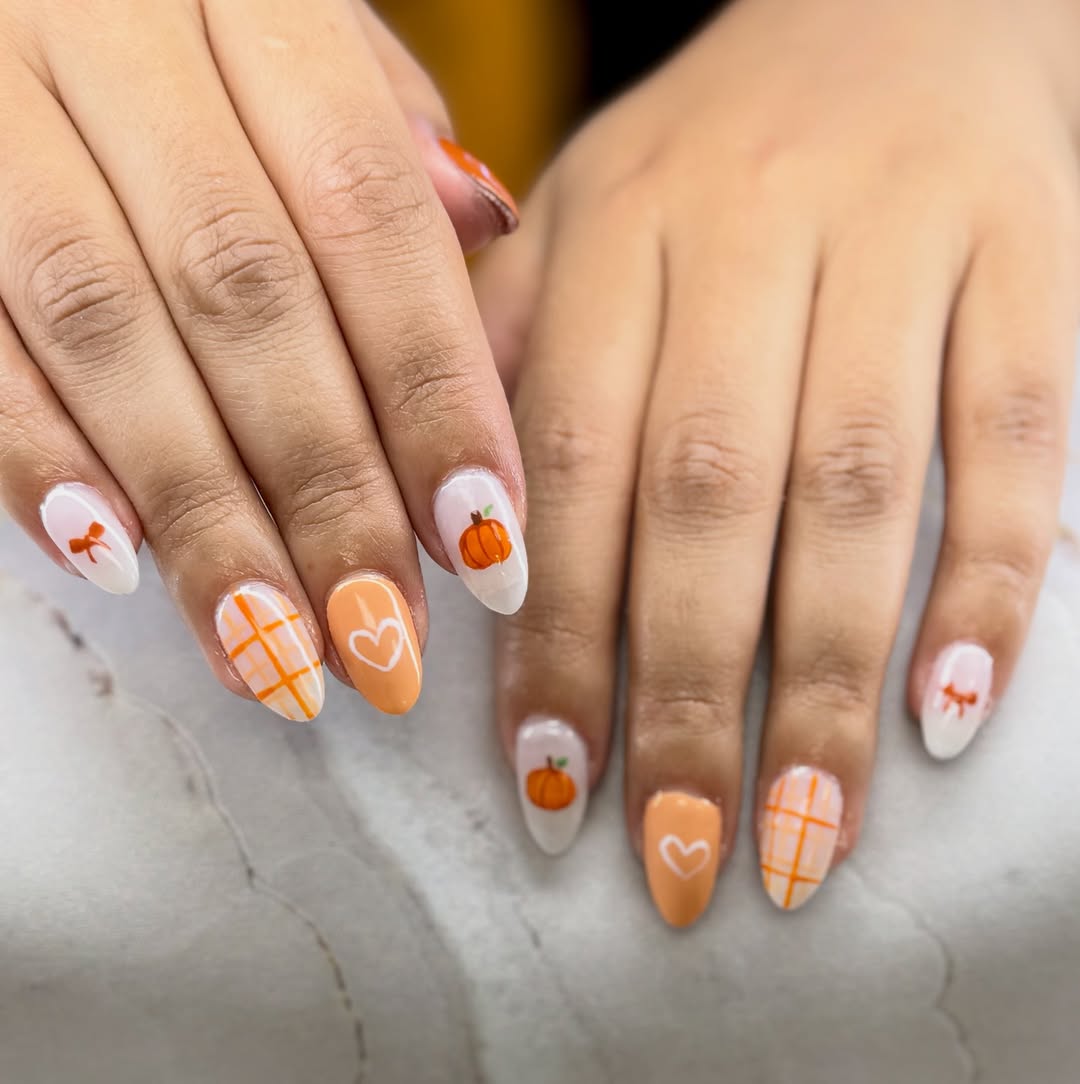 Whimsical Orange Plaid Pumpkin Heart Autumnal Almond Nails