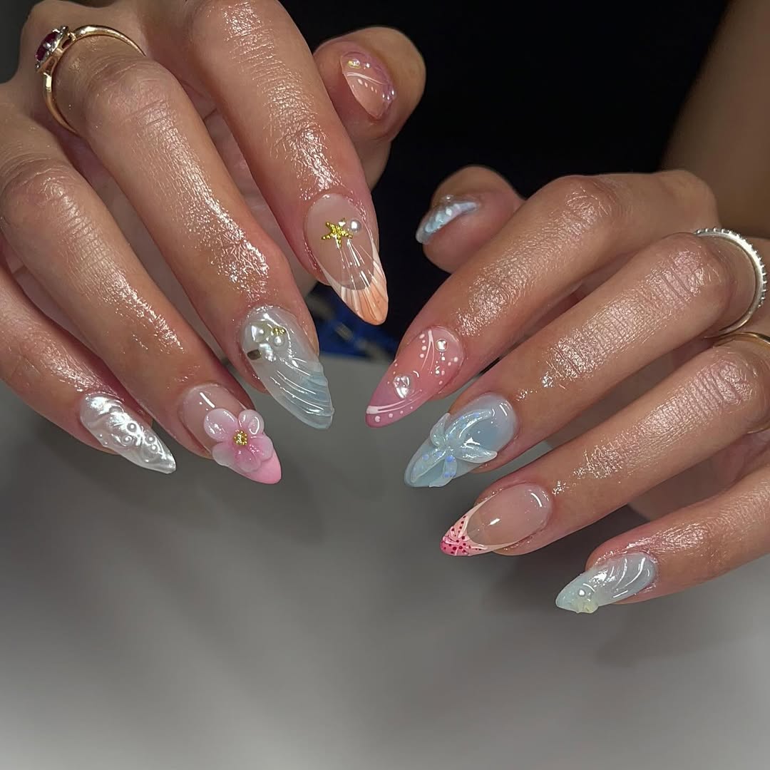 Whimsical Pastel 3D Mermaidcore Almond Nails