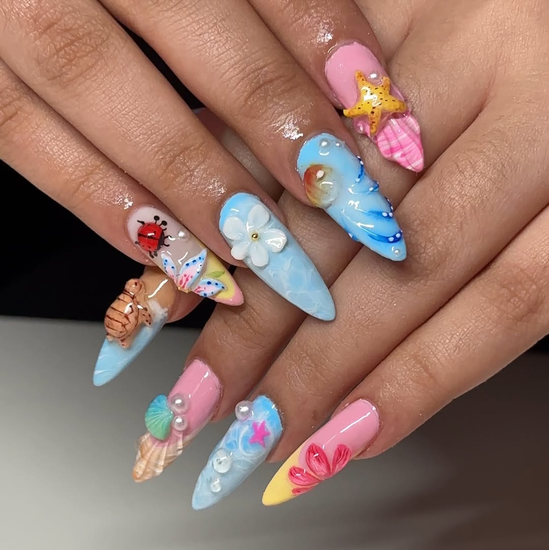 Whimsical Pastel Aquarium 3D Long Stiletto Nails