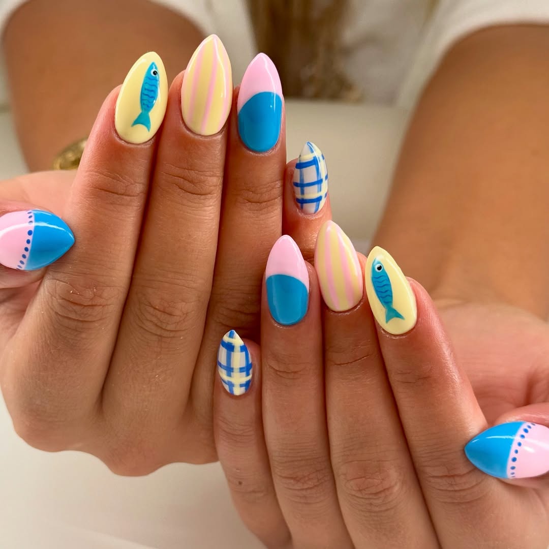 Whimsical Pastel Fish and Plaid Almond Nails