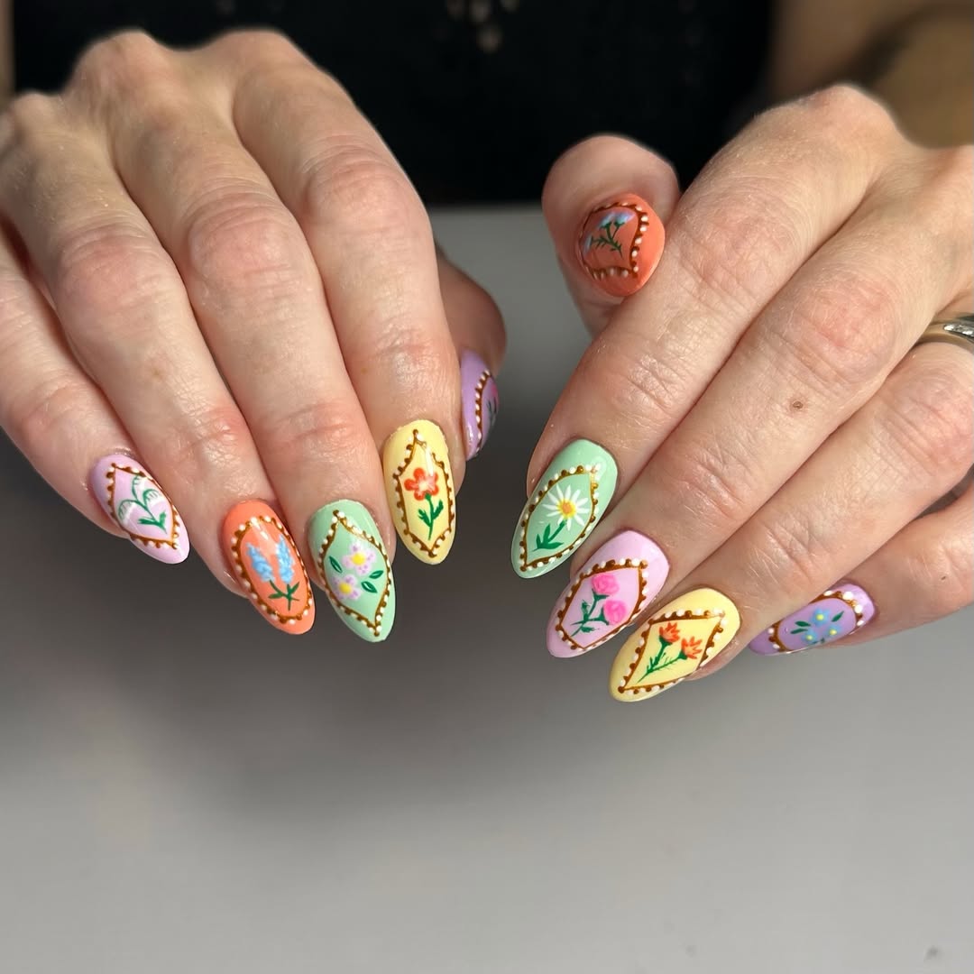 Whimsical Pastel Flower Garden Oval Nails