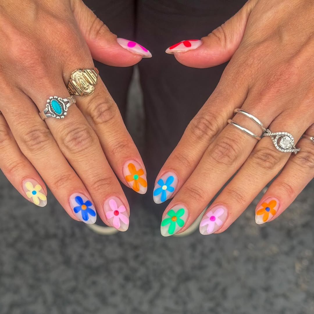 Whimsical Pastel Flower Power Oval Nails