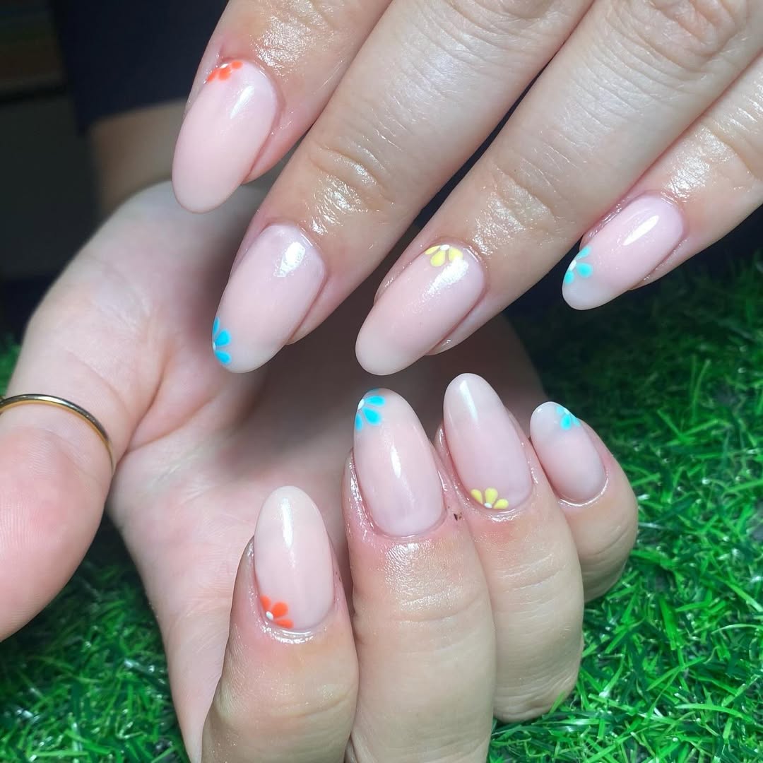 Whimsical Pastel Micro Floral Nude Almond Nails