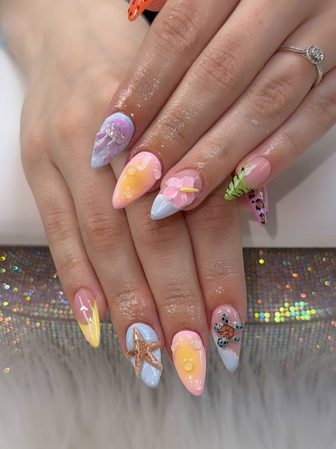 Whimsical Pastel Ombre 3D Vacation Stiletto Nails