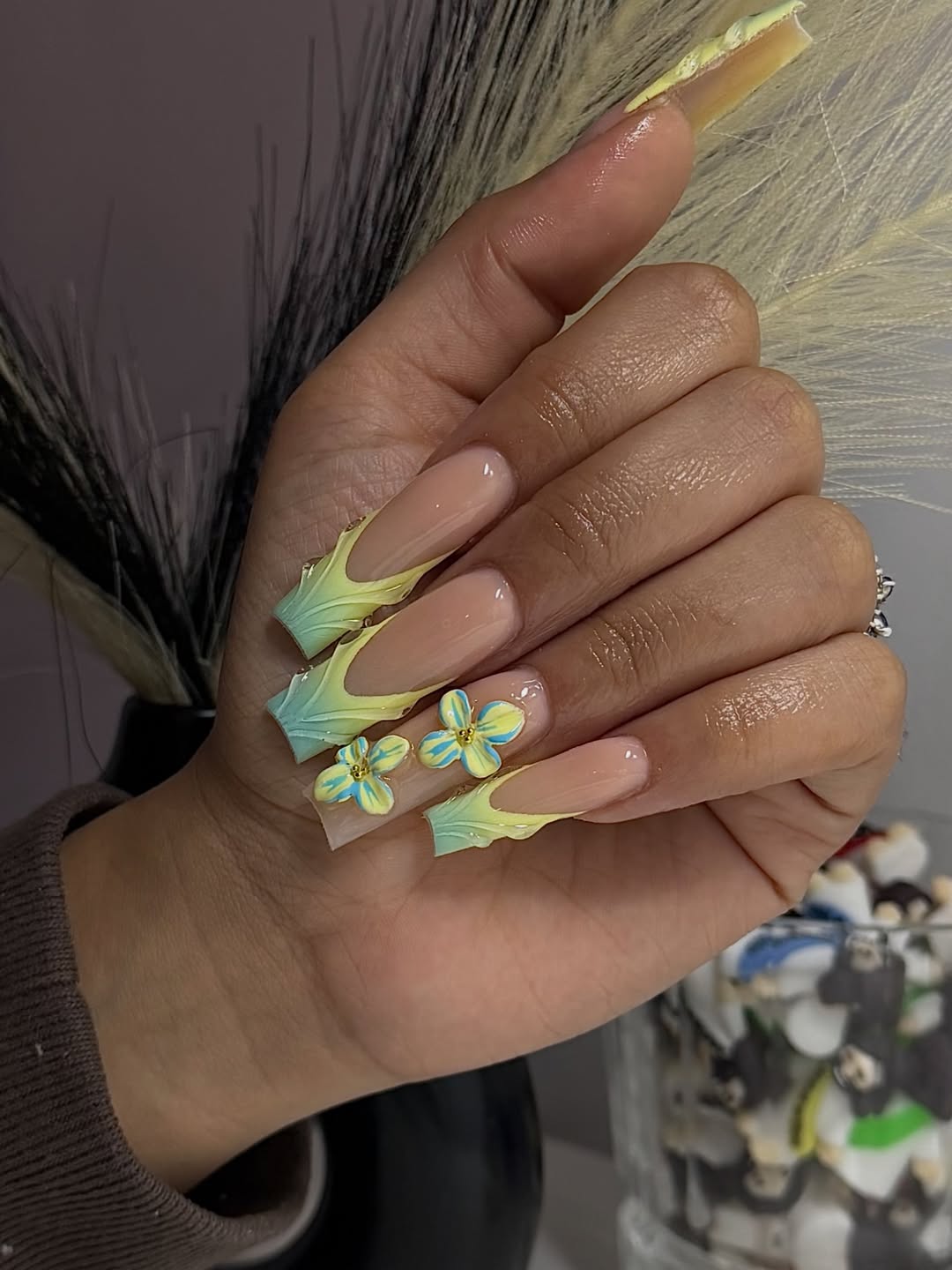 Whimsical Pastel Ombre French Tips with 3D Flowers