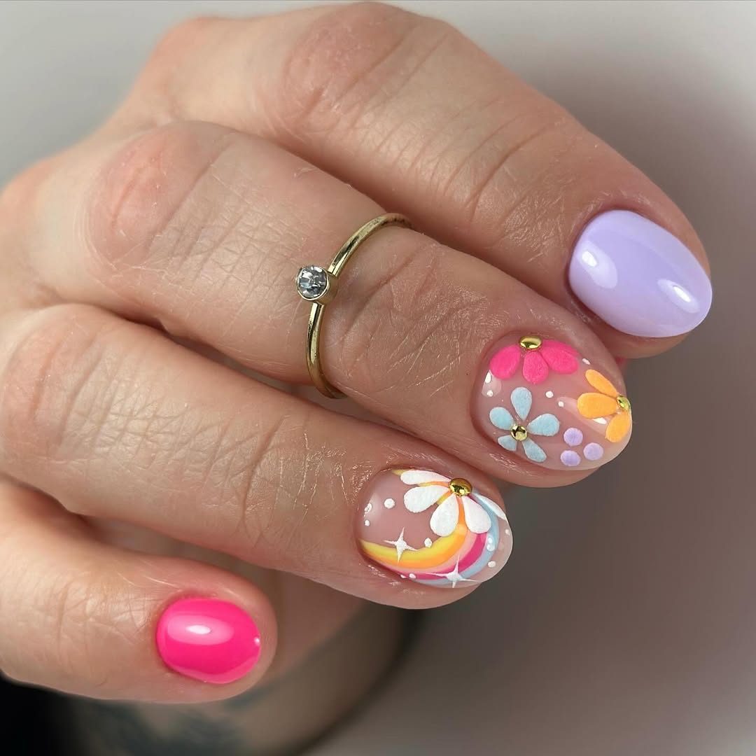 Whimsical Pastel Rainbow Flower Hand Painted Nails
