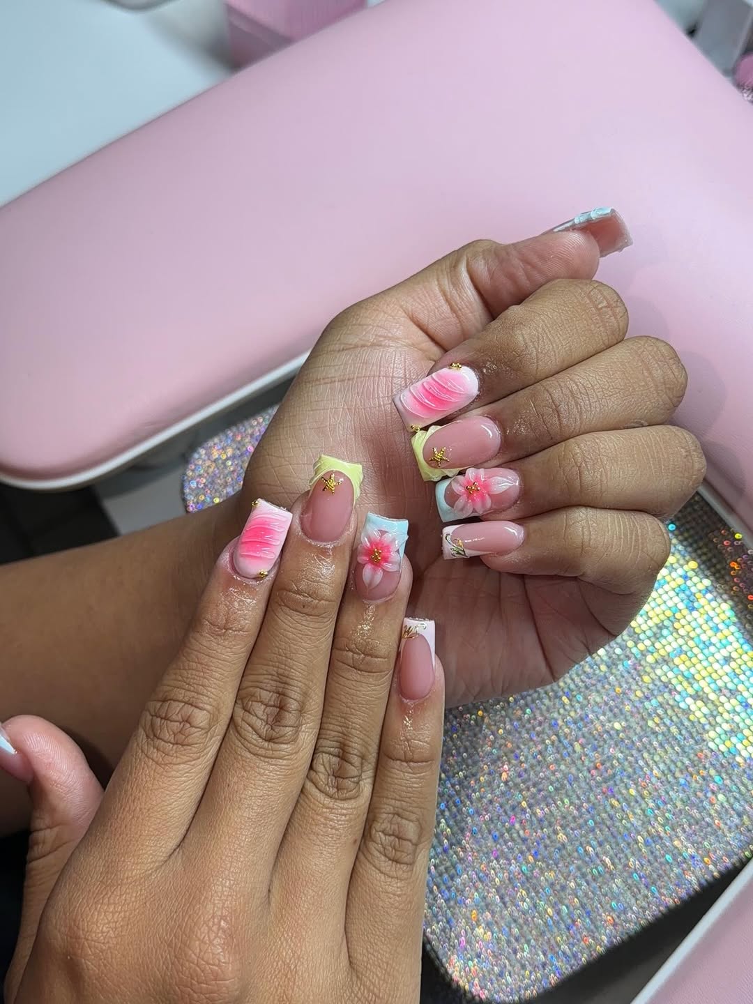 Whimsical Pastel Square Nails with 3D Floral Accents